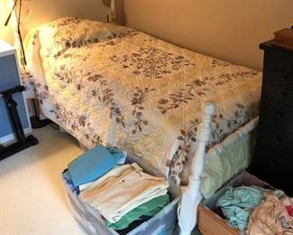 Single bed with mattress and box.  Wood frame, painted white.