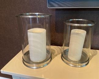 Hurricane candle holders w candles.  Large size pair. $75