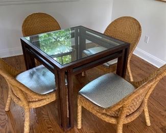 Glass table with 4 silver leather seated chAirs.   Table 34 square x 30high. $375
Chairs. 23 w x 21 deep x 38 high.  $400 for all 4