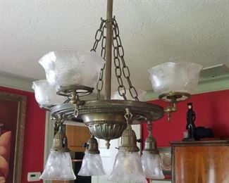 Hanging chandelier light fixture with matching cut glass shades $850