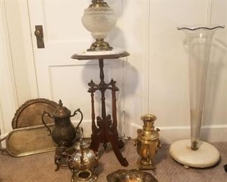 Antiques and collectibles with table, auxvasse, teapot, Silver Plate, brass and more