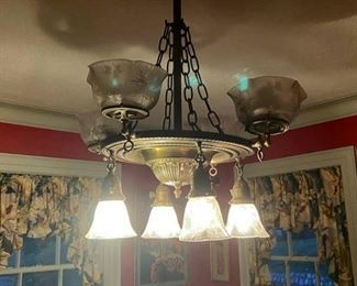 Antique hanging light with eight lights four uplighters four down with cut glass shades