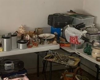 Cooking utensils, coffee pots, crock pots.