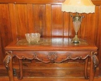 Victorian Marble Top Solid Wood Console Sofa Table with Leaf Scrolls & Matching End Tables 