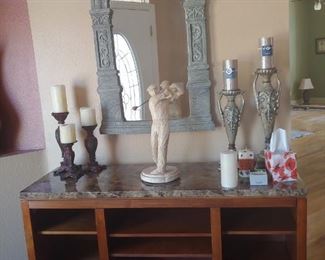 Foyer Cabinet-Faux Marble Top + Golf Statue & Candle Holders