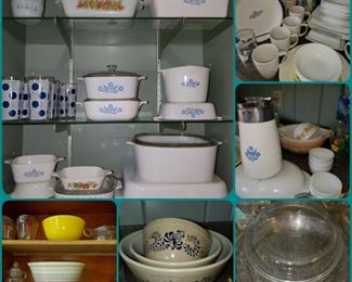 Corning Cornflower Blue, Pyrex mixing bowls, McCoy Pink/Blue bowl, vintage glassware, and more!