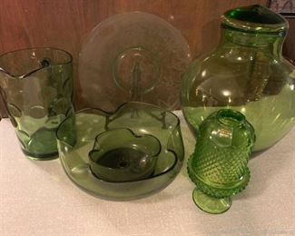 Assortment of Green Depression Glass Items