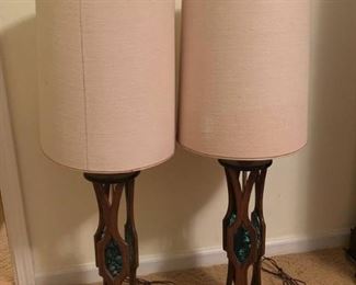 Vintage Wooden and Faux Stained Glass Table Lamps