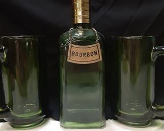 Green Glass Bourbon Decanter with matching Green Glass Mugs