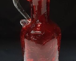 Red Crackled Glass Vase with Clear Glass Handle