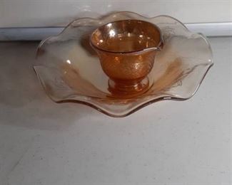 Orange Floral Carnival Glass Bowl and Tea Cup