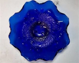 Cobalt Blue Candy Dish; Vintage Cobalt Blue Pharmacy Bottle