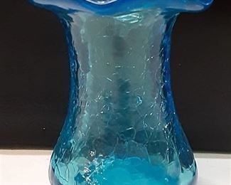 Turquoise Blue Crackled Glass Vase; Clear Glass Crackled Vase