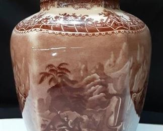 Oriental White and Maroon Porcelain Jar with Lid
