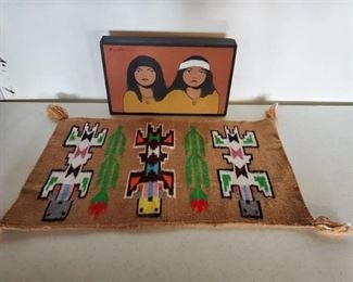 Signed Native American Sand Painting and Native American Cloth