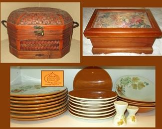 Basket, Sewing Box and Vintage Iroquois Dishes 