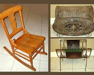 Antique Child's Rocker and One of 2 Matching Metal Boxes and Metal Magazine Rack 