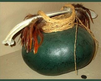 Decorative Gourd with Feathers and Bone 