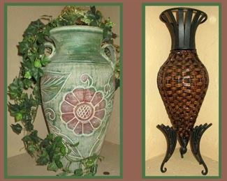 Large Ceramic Vase and Woven Vase on Metal Stand 