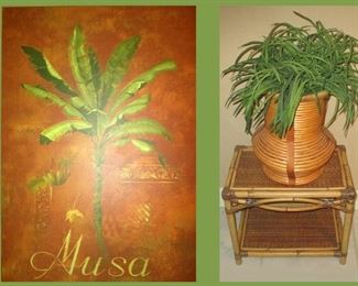 Musa Palm Tree Art and Faux Plant and Rattan Stand 