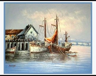 Signed Framed Dock and Shrimp Boats Oil Painting