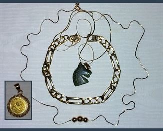 14K Gold Heavy Bracelet. 2 14K Gold Chains, a Fine Gold Panda Coin Pendant and a Jade Horsehead Pendant 