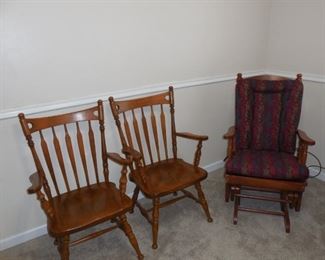 2  Ethan Allen Wood Arm Chairs and 1 glider chair