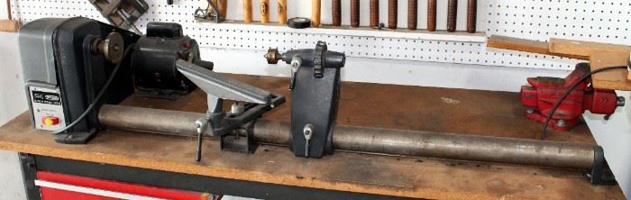 Sears Craftsman 12" Wood Lathe, Model 113.12540, .5 HP, Powers On, Includes Single Drawer Shop Table 32" X 60" X 24"