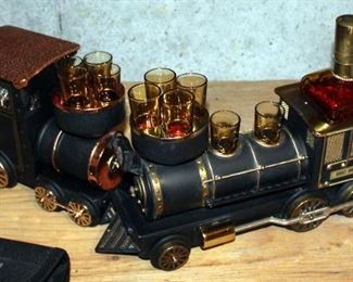 Vintage Rolling Metal 1880 Iron Horse Train Scotch Decanter With 6 Shot Glasses And Musical Metal Train Scotch Decanter With 4 Shot Glasses