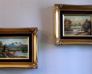 Matching Framed Oil On Canvas Landscape Scenes Qty 2, 9" x 11", And Framed Floral Art Print 30" x 16"