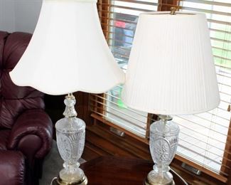 Matching Pressed Glass Table Lamps With Shades, Qty 2, 33" And 31"
