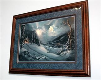 Framed Matted Under Glass Mountain Scene, 25.5" x 34"