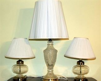 32" Cut Glass Table Lamp, And Matching 17" Accent Lamps With Glass Bases, Qty 2