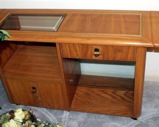 Drop Leaf Rolling Side Table With Single Drawer And Glass Shelf 26" x 55.5" x 15.5"