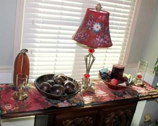 29" Buffet Lamp With Floral Shade, Decorative Bowls, Candle, Oil Lamps, And More