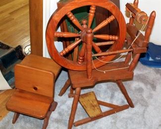 Solid Wood Spinning Wheel, 36" x 25" And Decorative Wood Miniature School Desk