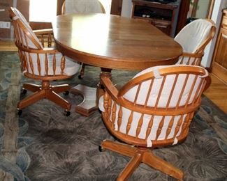 Solid Wood Pedestal Table, 30" x 65" x 41", And Solid Wood Rolling Dining Chairs Qty 4, Includes Chair Pads