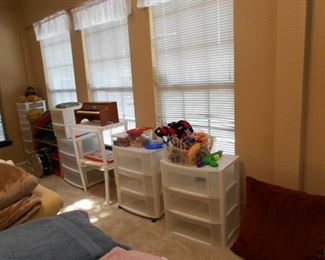 plastic containers, toy piano, toys, etc.