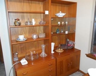 Teak cabinets, collectables 