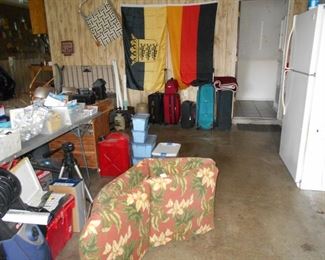 German flags, suite cases, tripod, patio chair cushions 