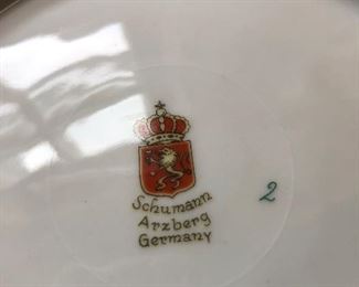 Set of 6 fruit motif plates w/ gold cut out rim.