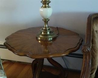 One of Two (2) Brass and Ceramic STIFFEL Table Lamps of highest American Made Quality! And a Superb French style Round Occassional Table. A Rare Beauty!  Hop on over Harvey!