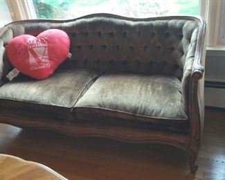 Elegantly Carved High French Ambassadors style Home Furnishing Loveseat, Sofa, in Plush Sage Toned Velvet Upholstery!  And Oh So Comfortable!