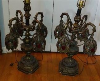 Pair of Fine and Unusual Vintage 1950s or 1960s, "Harem style" Bedroom Lamps, w large Ruby like and Opal like "gems"
