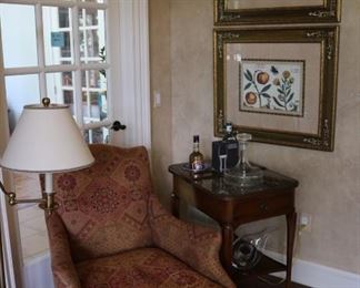 Chapman Lamp, Custom Upholstered Chair, French Bar Table, Fruit Prints