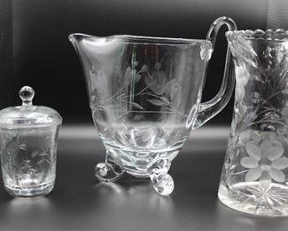 Etched Glass Pitcher, Vase and Sugar Dish 
