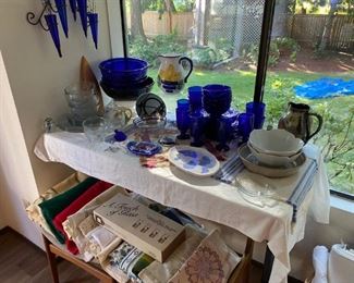 Blue Glass, Linens, Serving Bowls