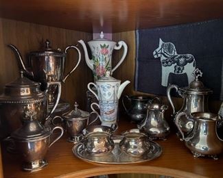 Silver tea & Coffee pots, porcelain tea pot, Silver Cream & Sugars