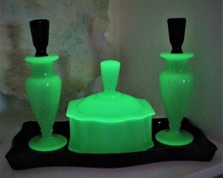 Art Deco Vaseline Glass Vanity Set - Glowing