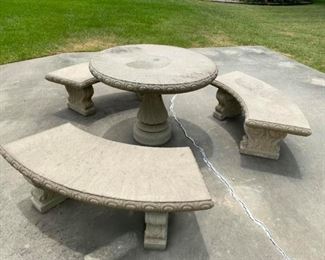 Concrete Patio Table & Benches
Table measures: 31” tall x 42” across
Each bench measures: 18” tall x 52” long x 19” deep.